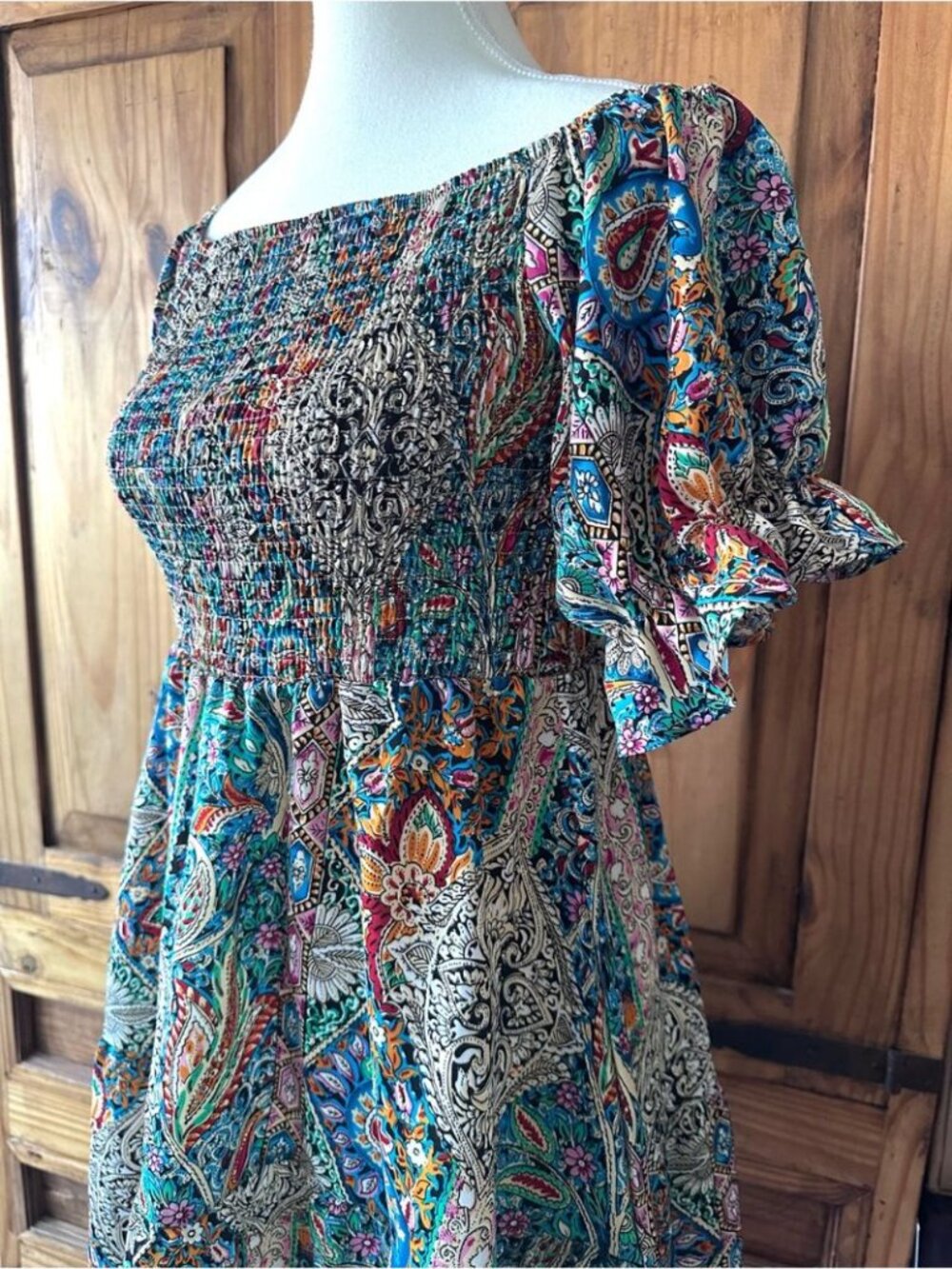 Bohemian Paisley Puff Sleeve Multi-Colour Summer Smocked Mini Dress - L - Picture 8 of 13